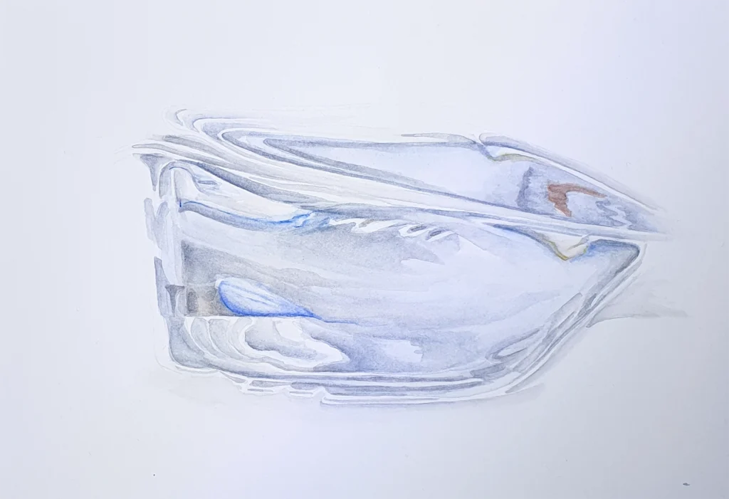 Abstraktes Aquarell „Glasausschnitt 1“ mit horizontalen, transparent wirkenden Glasformen in Blau und Grau