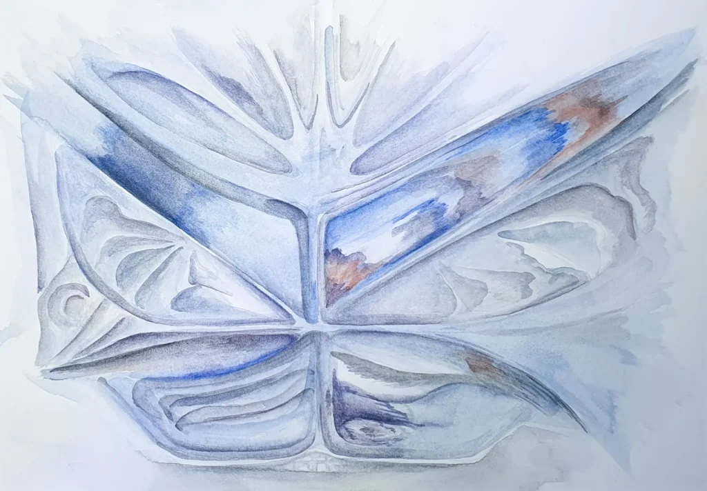Abstraktes Aquarell „Glasausschnitt 2“ mit fächerförmigen Glasstrukturen in Blau, Grau und zarten Brauntönen