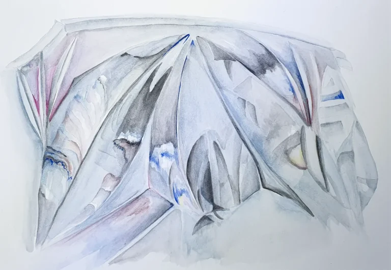 Abstraktes Aquarell „Glasausschnitt 3“ mit kantigen, transparent wirkenden Formen in Grau, Blau und Rosa