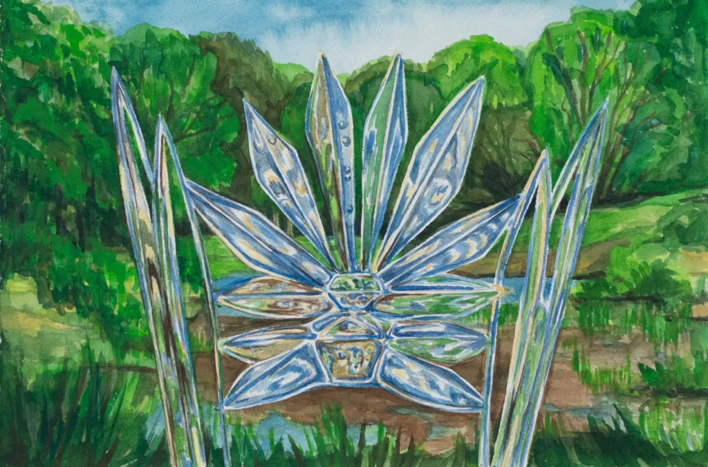 Aquarell „Glasland III“: Blau schimmernder, Glasschliff aus Blüten- und Blattformen überlagern einen Teich vor dichter grüner Parklandschaft.