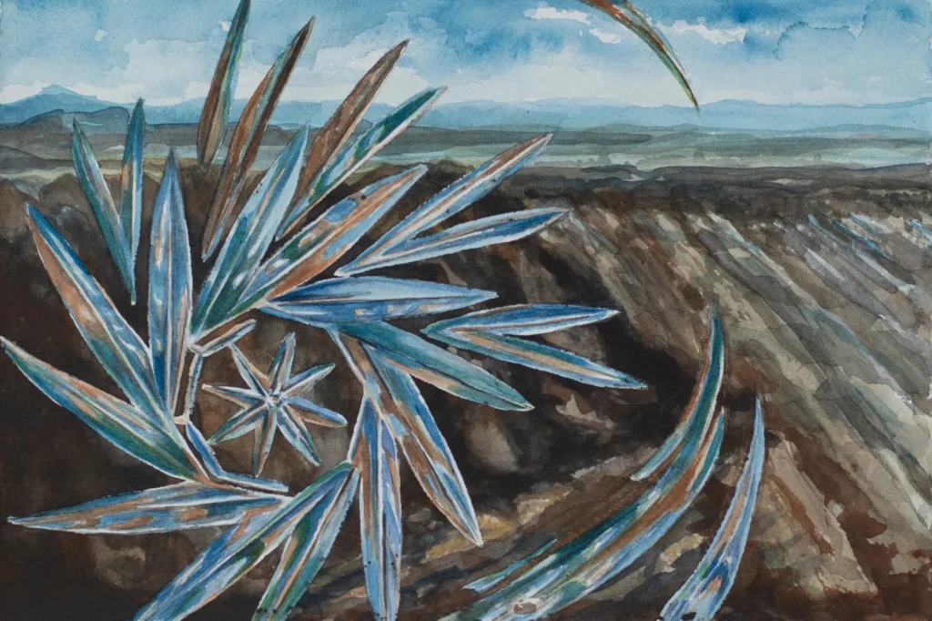 Aquarell „Glasland II“: Blaugrünes Glasschliffmuster Schleuderstern im Vordergrund vor dunkler Landschaft, fernen Hügeln und wolkigem Himmel.