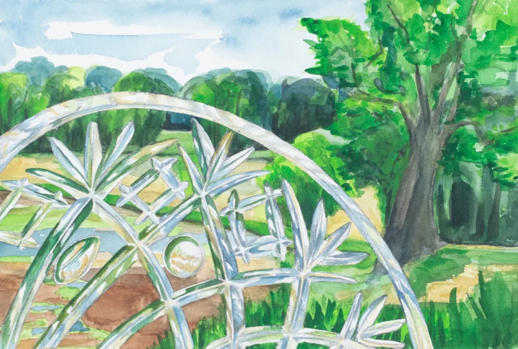 Aquarell „Glasland I“: Bogenförmige Glasschliffmuster überlagern eine grüne Lausitzer Parklandschaft mit alten Bäumen.