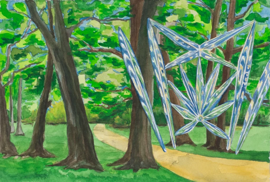 Aquarell „Glasland VI“: Facettierte Glasschliffsterne überlagern einen grünen Parkwald mit geschwungenem Weg.