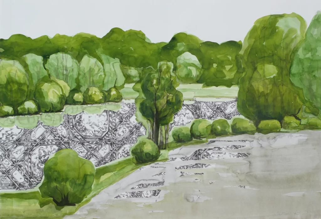 Grüne Parklandschaft mit ornamentalen Tuscheflächen – Glasschliff in Landschaft III von Kathrin Schoene