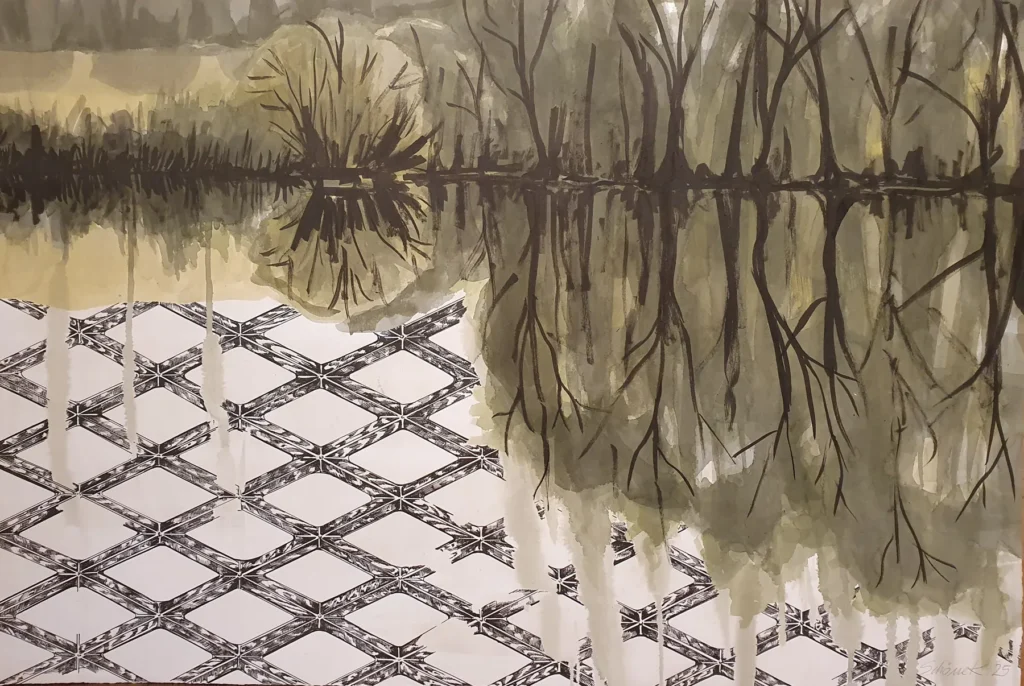 Tuschearbeit „Glasschliff in Landschaft IV“ mit kahlen Bäumen, Spiegelungen im Wasser und geometrischem Rautenmuster