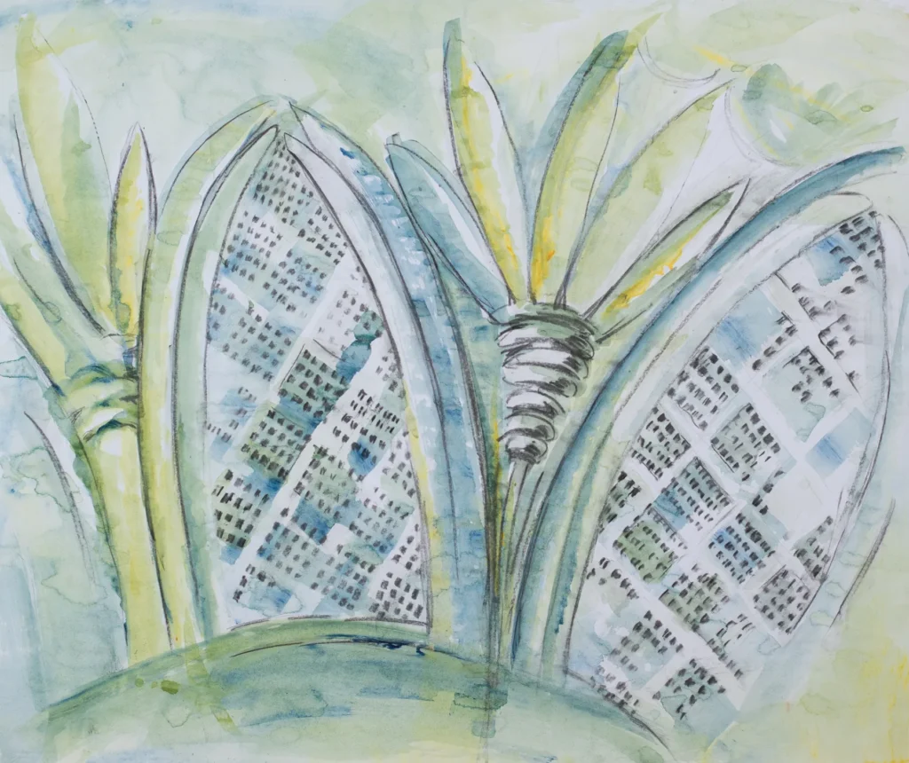 Abstraktes Werk „Glasschliffmuster II“ mit spitzbogigen Formen, Rasterfeldern und zentraler Spindel in Grün und Blau