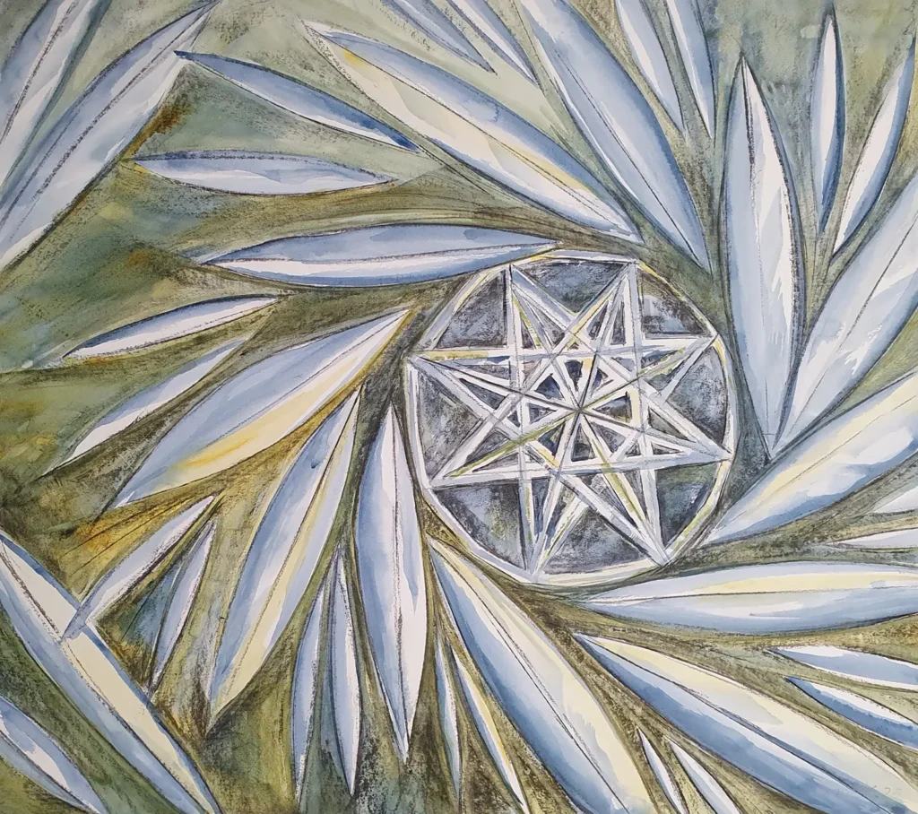 Abstraktes „Glasschliffmuster VI“ mit zentraler geometrischer Rosette und strahlenförmigen Facetten in Blau und Olivgrün