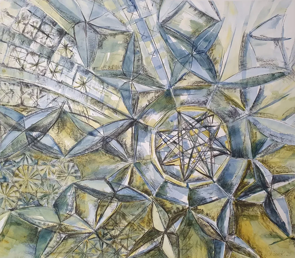 Komplexes „Glasschliffmuster V“ mit verschachtelten Glasfacetten, Sternformen und zentraler Rosette in Blau und Grün