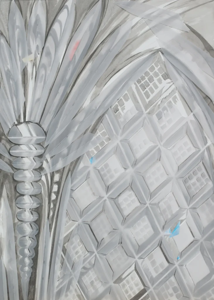 Abstraktes Kunstwerk mit geschwungenen grauweißen Linien, einer senkrechten Reihe ovaler Formen und einem geometrischen Raster mit blauen Farbakzenten.