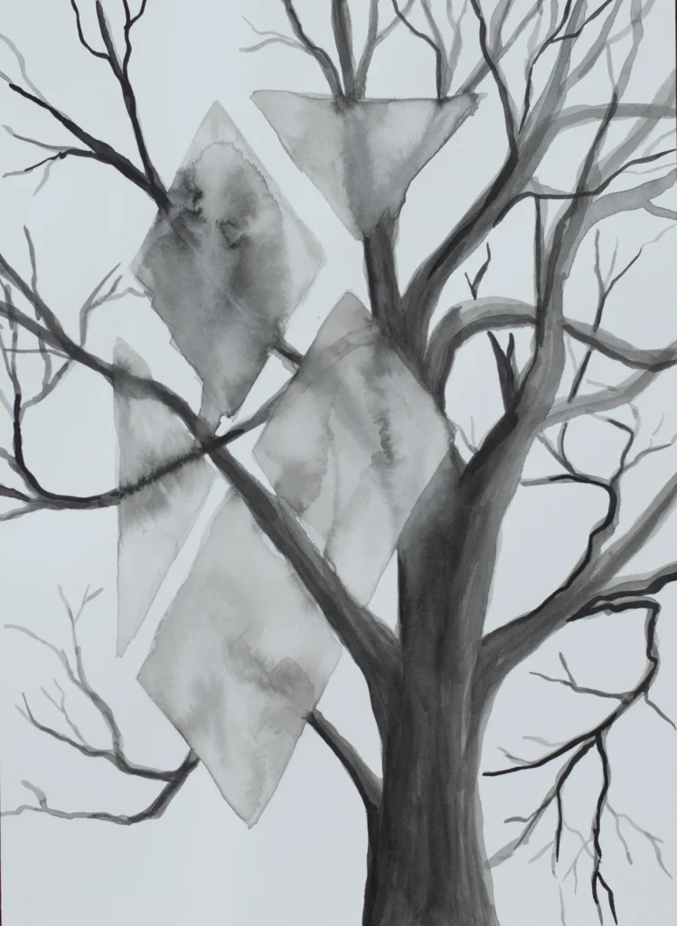 Monochrome Tuschearbeit „Klar verschliert III“ mit verzweigtem Baum und transparenten Rauten- und Trapezformen
